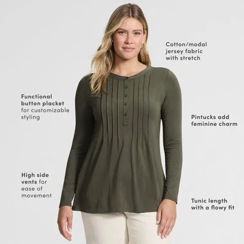 Womens Long Sleeve Lightweight Jersey Pintuck Button Tunic Blouse