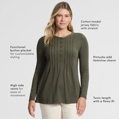 Womens Long Sleeve Lightweight Jersey Pintuck Button Tunic Blouse
