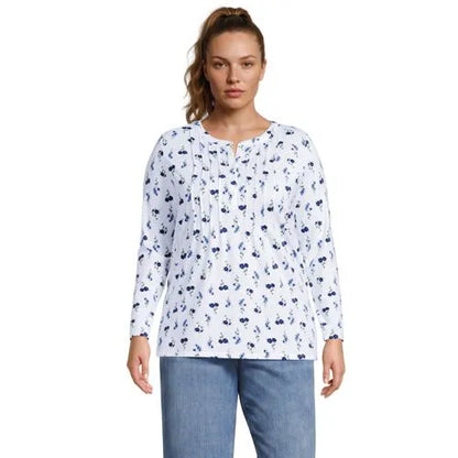 Womens Long Sleeve Lightweight Jersey Pintuck Button Tunic Blouse