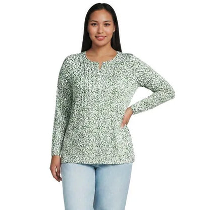 Womens Long Sleeve Lightweight Jersey Pintuck Button Tunic Blouse
