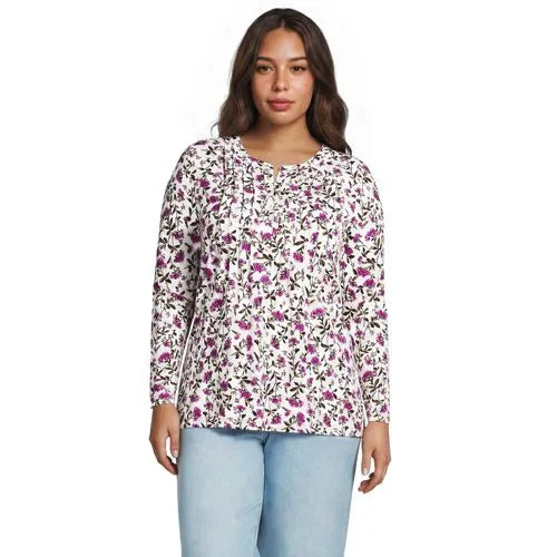 Womens Long Sleeve Lightweight Jersey Pintuck Button Tunic Blouse
