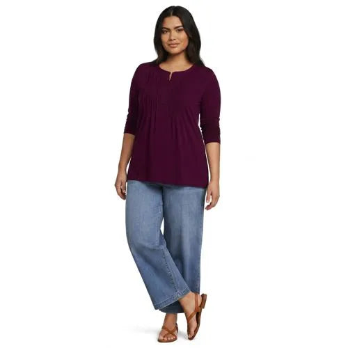 Womens Long Sleeve Lightweight Jersey Pintuck Button Tunic Blouse