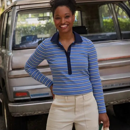 Women's Long Sleeve Micro Rib Woven Collar Polo