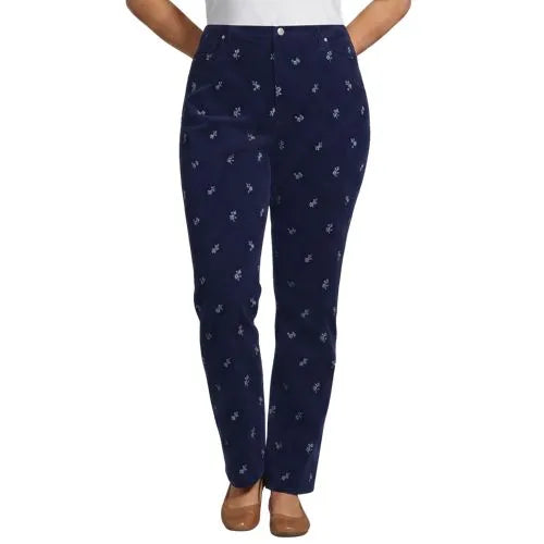 Women's Fine Wale Embroidery Corduroy High Rise Straight Leg Pants