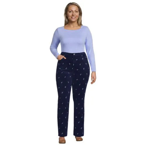 Women's Fine Wale Embroidery Corduroy High Rise Straight Leg Pants
