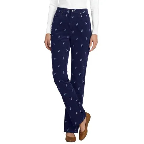 Women's Fine Wale Embroidery Corduroy High Rise Straight Leg Pants