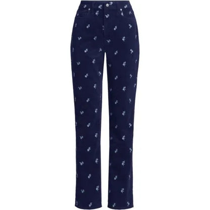 Women's Fine Wale Embroidery Corduroy High Rise Straight Leg Pants