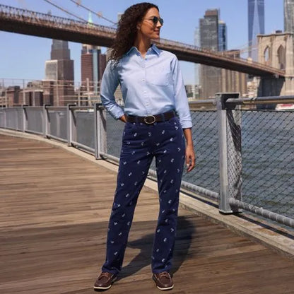 Women's Fine Wale Embroidery Corduroy High Rise Straight Leg Pants