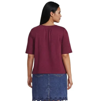 Women's Elbow Sleeve Slub Jersey Embroidered Yoke Pintuck Blouse