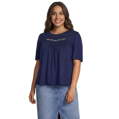 Women's Elbow Sleeve Slub Jersey Embroidered Yoke Pintuck Blouse