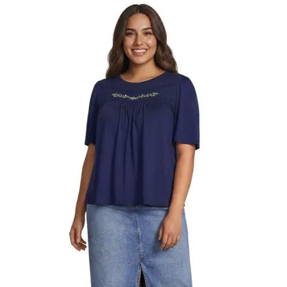 Women's Elbow Sleeve Slub Jersey Embroidered Yoke Pintuck Blouse