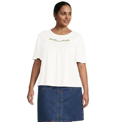 Women's Elbow Sleeve Slub Jersey Embroidered Yoke Pintuck Blouse