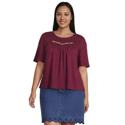 Women's Elbow Sleeve Slub Jersey Embroidered Yoke Pintuck Blouse