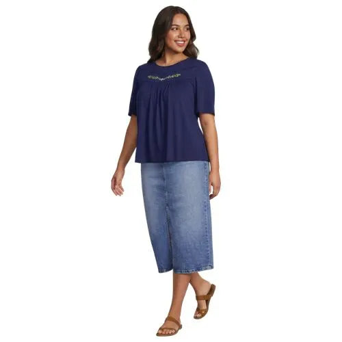 Women's Elbow Sleeve Slub Jersey Embroidered Yoke Pintuck Blouse