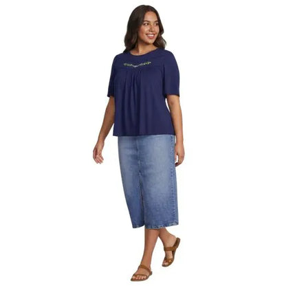 Women's Elbow Sleeve Slub Jersey Embroidered Yoke Pintuck Blouse