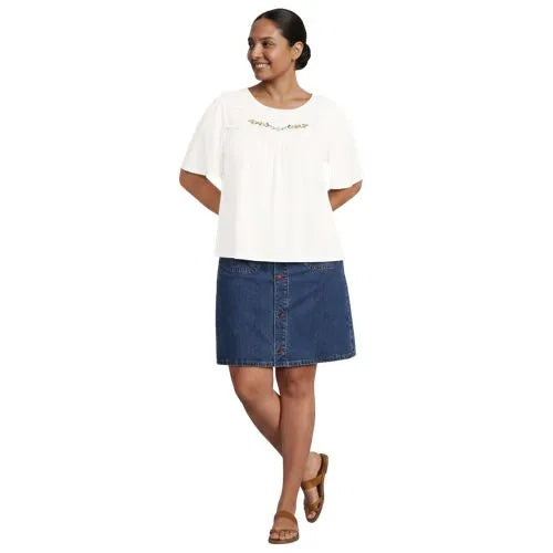 Women's Elbow Sleeve Slub Jersey Embroidered Yoke Pintuck Blouse
