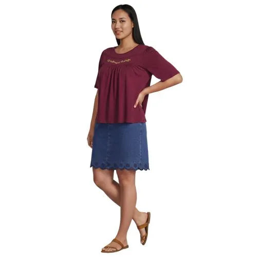 Women's Elbow Sleeve Slub Jersey Embroidered Yoke Pintuck Blouse
