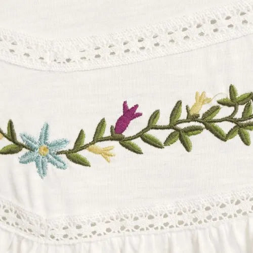 Women's Elbow Sleeve Slub Jersey Embroidered Yoke Pintuck Blouse