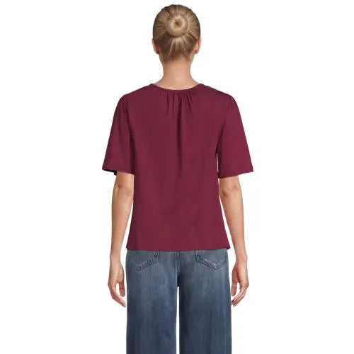 Women's Elbow Sleeve Slub Jersey Embroidered Yoke Pintuck Blouse