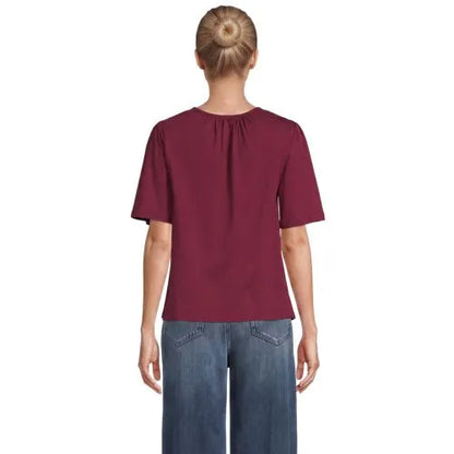 Women's Elbow Sleeve Slub Jersey Embroidered Yoke Pintuck Blouse