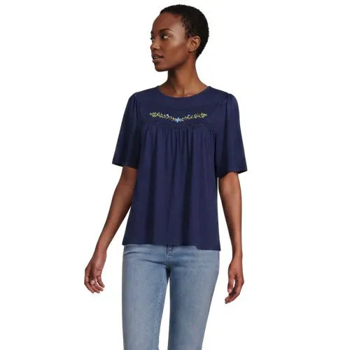 Women's Elbow Sleeve Slub Jersey Embroidered Yoke Pintuck Blouse