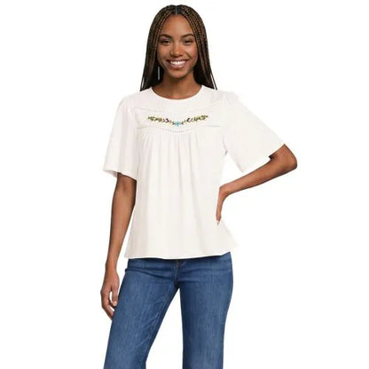 Women's Elbow Sleeve Slub Jersey Embroidered Yoke Pintuck Blouse