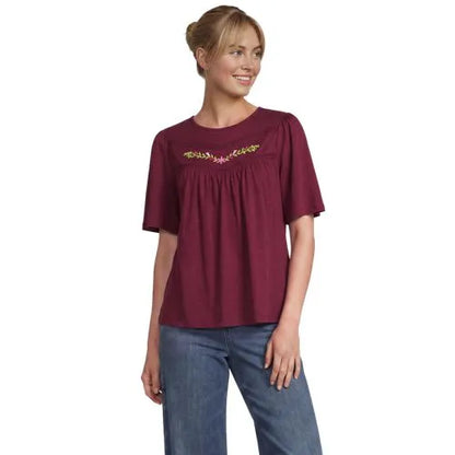 Women's Elbow Sleeve Slub Jersey Embroidered Yoke Pintuck Blouse