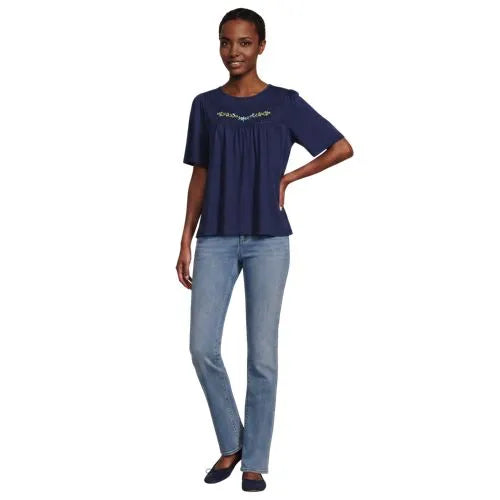 Women's Elbow Sleeve Slub Jersey Embroidered Yoke Pintuck Blouse