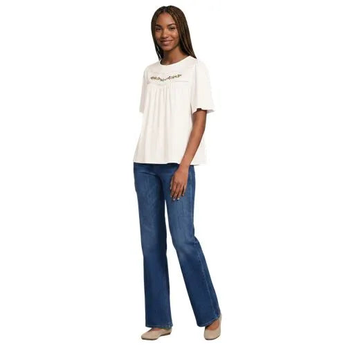 Women's Elbow Sleeve Slub Jersey Embroidered Yoke Pintuck Blouse
