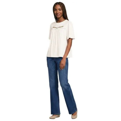 Women's Elbow Sleeve Slub Jersey Embroidered Yoke Pintuck Blouse