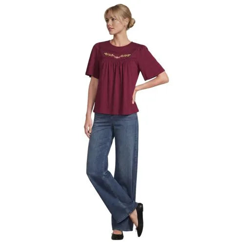 Women's Elbow Sleeve Slub Jersey Embroidered Yoke Pintuck Blouse