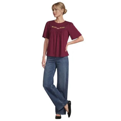 Women's Elbow Sleeve Slub Jersey Embroidered Yoke Pintuck Blouse