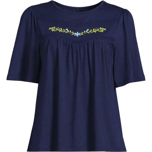 Women's Elbow Sleeve Slub Jersey Embroidered Yoke Pintuck Blouse