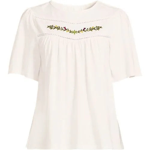 Women's Elbow Sleeve Slub Jersey Embroidered Yoke Pintuck Blouse