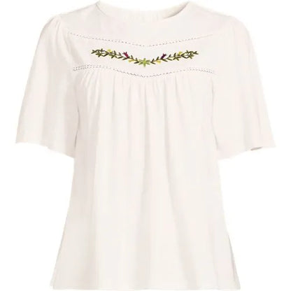 Women's Elbow Sleeve Slub Jersey Embroidered Yoke Pintuck Blouse