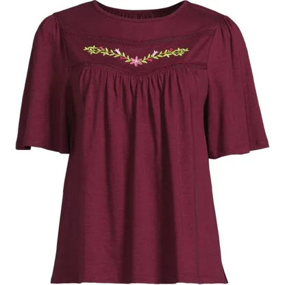 Women's Elbow Sleeve Slub Jersey Embroidered Yoke Pintuck Blouse
