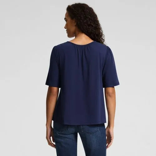 Women's Elbow Sleeve Slub Jersey Embroidered Yoke Pintuck Blouse