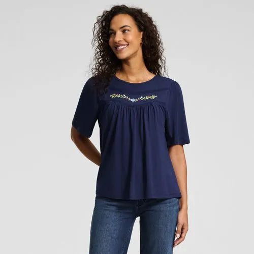 Women's Elbow Sleeve Slub Jersey Embroidered Yoke Pintuck Blouse